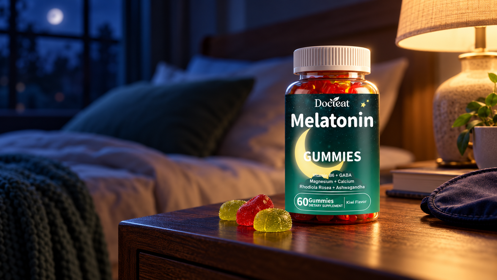 Melatonin gummies on a bedside table at night