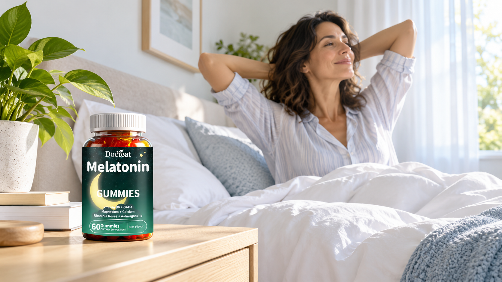 Morning bedroom with melatonin gummies on the bedside table